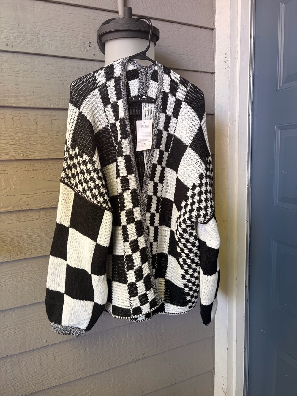 Black & White Patchwork Knit Cardigan Sweater - Women